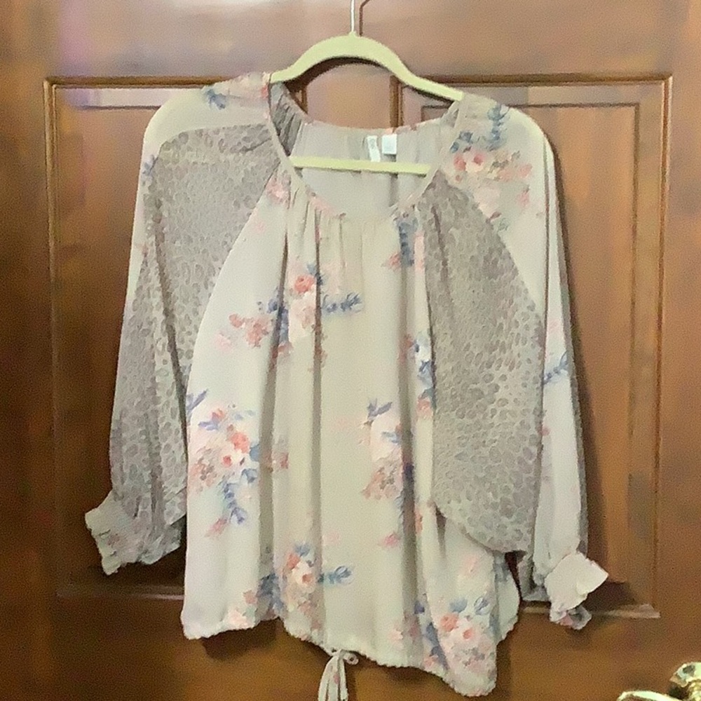 Cato Cream and Yellow Relaxed 3/4 Sleeve Blouse with Tie Front